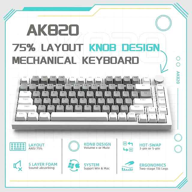Ajazz AK820 Mech Keyboard - White Blue Backlit Gaming 81keys Type-C USB - 2 фото товару