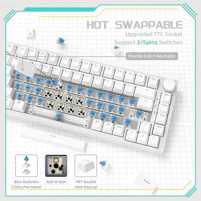 Ajazz AK820: Mech Keyboard with RGB Backlit  PBT Keycaps - White Color - 3 фото товару
