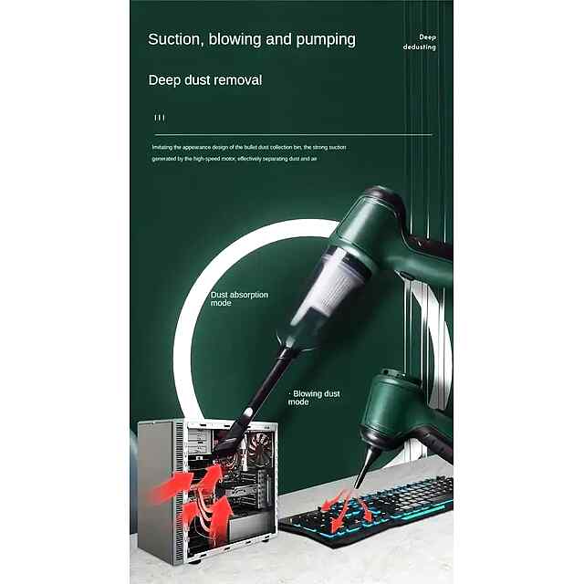 Пилосос-повітродувка 2в1, акумуляторний, Type-C, CE серт, потужність 120W. Комплект для прибирання. - 3 фото товару