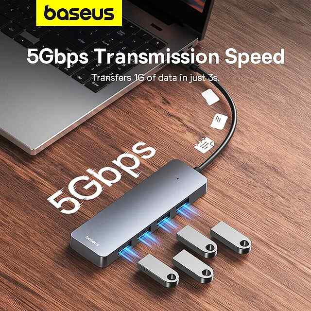 USB Hub Baseus 3.0 4 порти, 15 см, сірий BS-OHO80, серт FCC - 1 фото товару